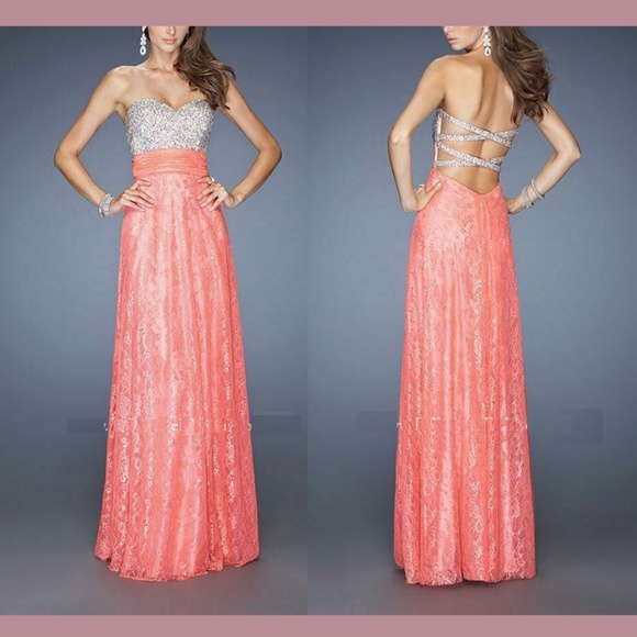 NEW La Femme [ 6 ] Embellished Jeweled Strapless‎ Lace Gown in Hot Coral - Picture 1 of 9